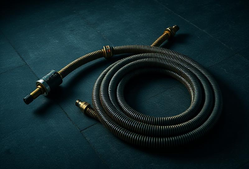 Industrial drain snake and hydro-jetting hose on a dark floor