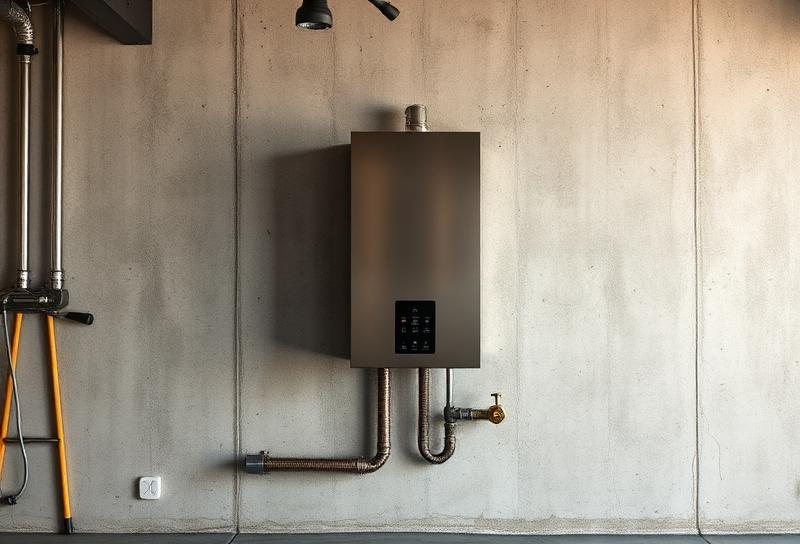 Modern tankless water heater installed in a clean garage